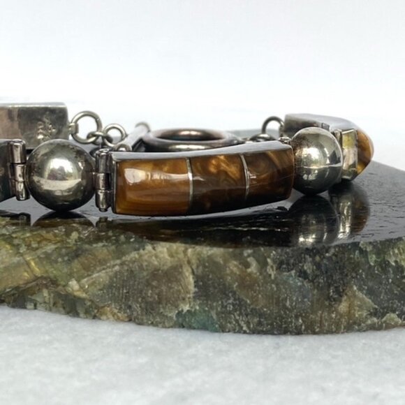 VTG Sterling Silver 925 Heavy Signed Southwest Tigers Eye Inlay Panel Bracelet - Picture 7 of 16